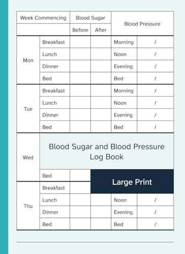 Blood Sugar and Blood Pressure Log Book Large Print: 52 Week Logbook to Record / Monitor Your Daily / Weekly Blood Glucose / Pressure Levels | Big Format / Size