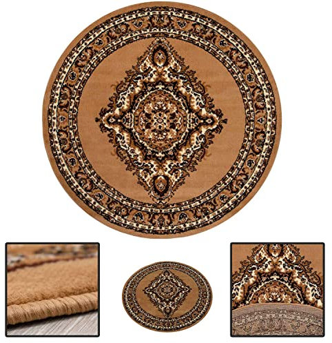 Orient B8757 Klassischer Teppich, dicht gewebt, Ornamente und Blumenmuster, Rot, Beige, Grau, Schwarz, Maße:Ø 120 cm Rund