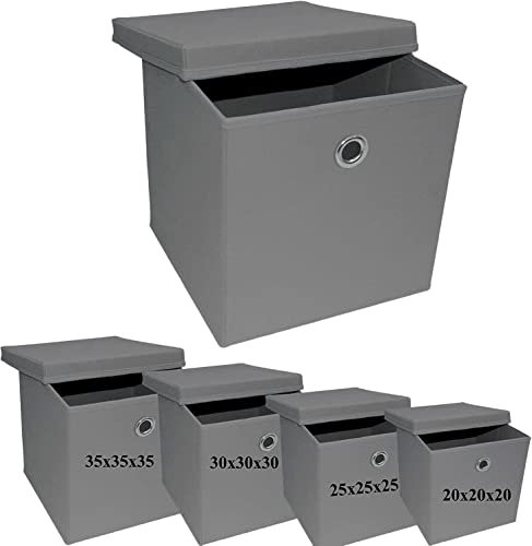A406 4x Foldable Storage Boxes with Lid Storage Basket with Lid Fabric Cubes with Handles Collapsible Fabric Organiser Clothes Storage Box (Large- 30x30x30cm, Grey)
