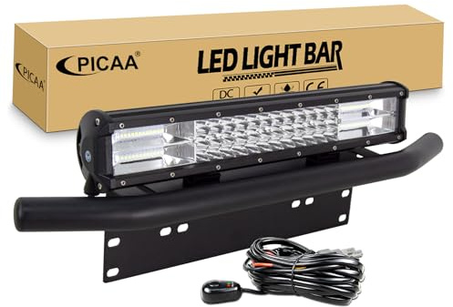 PICAA 18 inch 252W Car Led Light Bar with Front Bumper License Number Plate Mounting Bracket 12V Wiring Harness Cable Kit, Triple Rows Work Light Bar for 4x4 Offroad Truck Tractor
