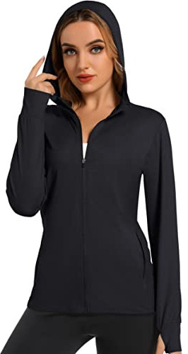 MAGCOMSEN Damen UPF 50+ Shirt Hoodie UV Sonnenschutz Trainingsjacke Quick Dry Hiking Jacke Outdoor Voll Zip Laufshirt 4 Taschen Sportjacke für Yoga Fitness Schwarz XXL
