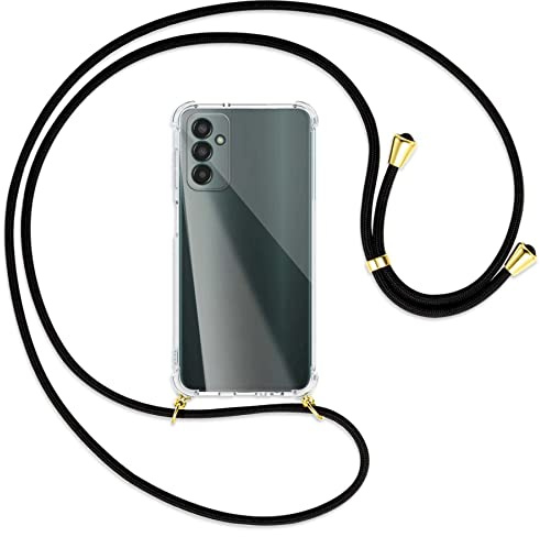 mtb more energy® Handykette kompatibel mit Samsung Galaxy M13 4G (SM-M135, 6.6'') - schwarz/Gold - Smartphone Hülle zum Umhängen - Anti Shock Strong Strong TPU Case