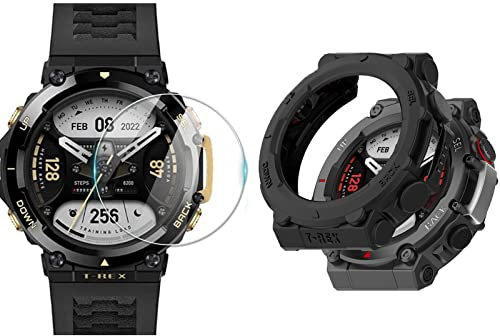 Onetuo Schutzhülle kompatibel Für Amazfit T-Rex 2 Smartwatch, Ultra dünn Silikon Schutz Hülle für Amazfit T-Rex 2 Smartwatch (Schwarz hülle+ 2*panzerglas)