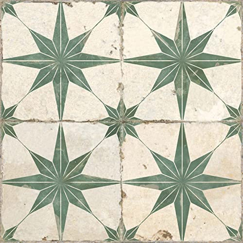 Tori Patterned Wall & Floor Tile Green Sage Star Pattern Vintage Style Ceramic Tile – 450x450mm, Box of 5