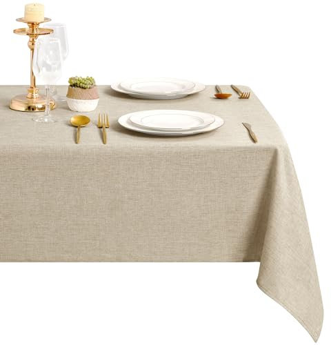 DWCN Leinen Beige Tischdecke Leinenoptik Abwaschbar Tischwäsche Wasserabweisend Tischtuch für Esszimmer, Garten, Party, Hochzeiten oder Haushalt,135x300cm