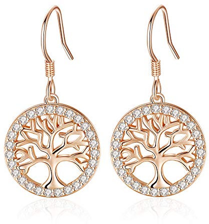 Jrêveinfini Arbre de Vie Boucles d'oreilles Femme Pendantes Argent 925 Zircon Cubique, Boucles d'oreilles Or Rose Originales, Cadeau pour Femme Fille, Cadeau Fete Des Meres Anniversaire Femme Maman