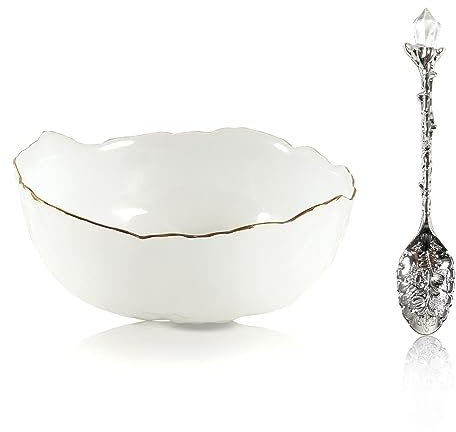 Soulnioi Crystal Salad Bowl Glass Fruit Bowl Gold Inlay Snack Dessert Bowl Multipurpose Bowl Decorative Bowl with Coffee Spoon for Home Office Wedding Party of Candy Snack Fruit 16cm-White