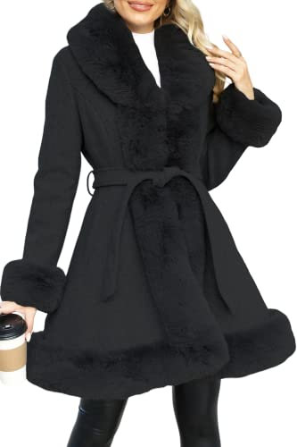 Giolshon Damen Langer Wollfleecejacke mit Kunstpelzkragen Isolierter Gepolsterter Bubble Parka Warmer Wintermantel mit Gürtel 242A Schwarz XXL