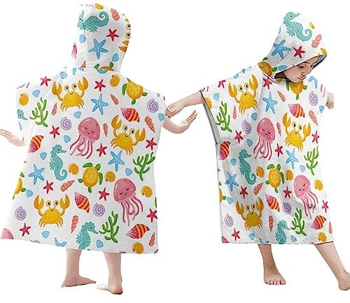 ATSGJLZN Badeponcho Kinder Badetuch Strand Strandponcho Kind aus Mikrofaser mit Kapuze Poncho Handtuch Kinder Starke Wasseraufnahme für Baby Jungen Mädchen 2-8 Jahre Cartoon 65 x 75 cm