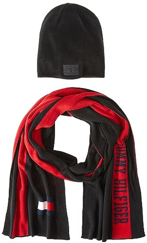 Tommy Hilfiger Herren Beanie und Schal mit gesticktem Flaggen-Logo, Schwarz Multi, Einheitsgröße