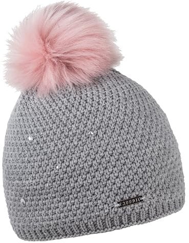 SABBOT Schick Damen Mütze mit Pelzbommel, Fleece-Futter, Wintermütze, Strickmütze, Mit Strasssteinen,Warme Kappe (Hellgrau)
