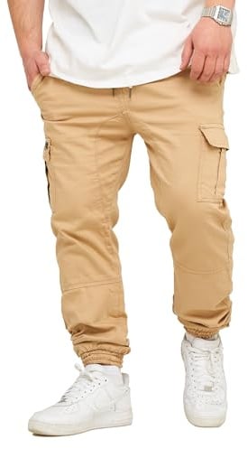 Soulstar Herren Cargo Jogger Jeans-Hose mit Gummibund Stretch Jeans Männer Freizeithose S2_3888-Beige-W33