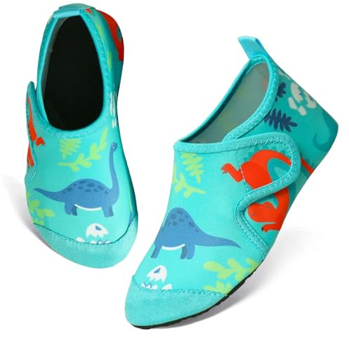 TMEOG Badeschuhe Kinder Wasserschuhe Kleinkind Schwimmschuhe Strandschuhe rutschfeste Aquaschuhe mit Klettverschluss Wattschuhe Meerschuhe Barfussschuhe für Jungen Mädchen(32/33 EU,Dinosaurier)