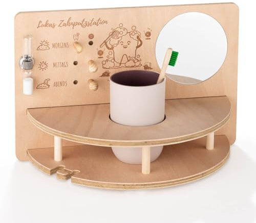 INEXTERIOR – ZahnZauber Zahnputzstation für Kinder Naturfarben personalisierbar - Zahnputz Aufbewahrungsstation für selbstständiges Zähneputzen - Mit Zahnputzbecher, Sanduhr, Handtuchhalter & Spiegel