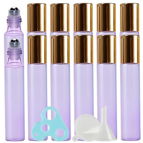 LusDoly 48 Pezzi Viola Bottiglia da 10 ml Roll On Vuoto Portatile Oli Essenziali Bottiglie in Vetro Per Profumi, Liquidi, Oli Essenziali