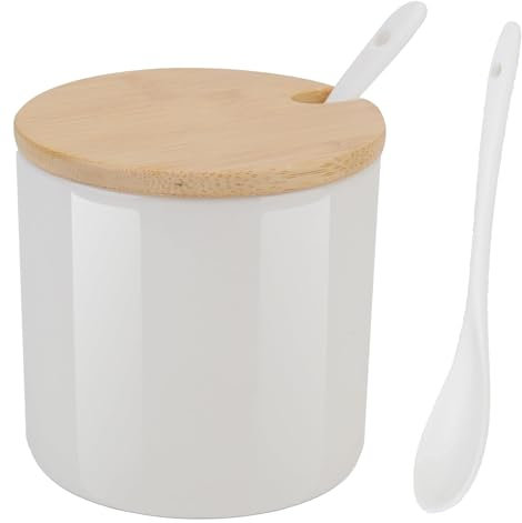 Yhuasia 230 ml Céramique Sucrier Rond Seasoning, pot gros sel, pot a epices, boîte avec Cuillère et Couverture de Bambou (Blanc