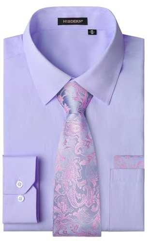 HISDERN Hemd Lila Herren Langarm Hochzeit Einfarbige Hemd mit Krawatte Freizeit Regular Fit 4XL