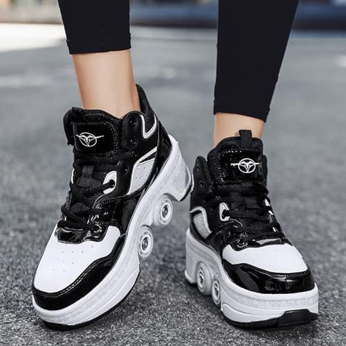 PacuM Roller Skate Schuhe, mit Rädern 2-in-1 Multifunktionale Sneaker, Roller Sneaker Schuhe Einziehbare Skateboard Rollerblades,Nero-44