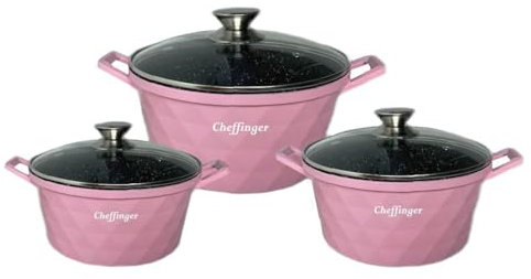 ClaShop Tris casseruole diamantate in pietra lavica e induzione misura 20/24/28 colore rosa