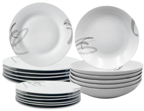 Virsus Servizio di Piatti ROTONDI per 6 Persone 7076, 18 Piatti in Porcellana color Bianco con Foglie, Set composto da Piatto Fondo Diam.20,5cm, Piatto Piano Diam.24cm e Piattino Dessert Diam.19cm