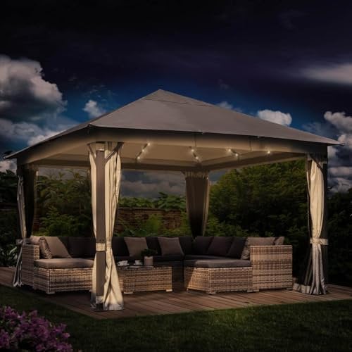 BRAST® Pavillon Aluminium Infinity 3x4m oder 4x4m | viele Modelle & Farben | inkl. Moskitonetz | wahlweise LEDs | wasserdicht | stabil |UV-Schutz | 4x4m Beige LEDs