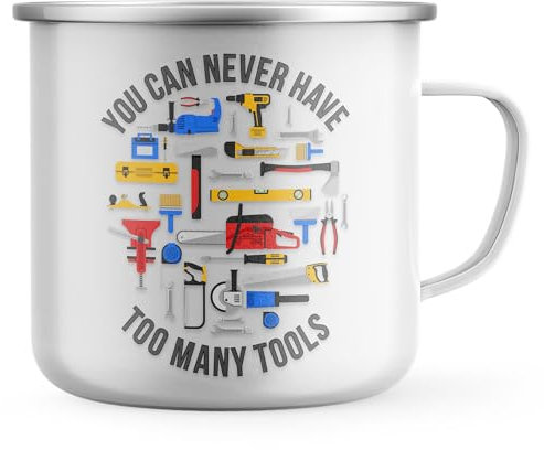 Purple Print House You Can Never Have Too Many Tools Mens Enamel Mug Funny Handyman Toolkit Tee Coffee Metal Cup