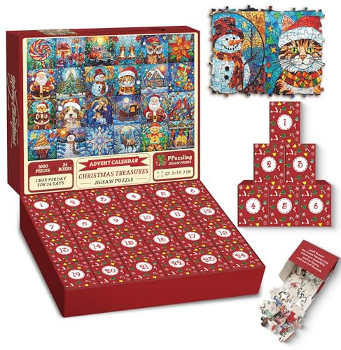Advent Calendar 2024 Christmas Puzzle for Adults 1000 Pieces, Stained Glass Puzzle Christmas Countdown Calendar 24 Days Jigsaw Puzzles, Funny Mosaic Santa Claus Christmas Dog Holiday Puzzles