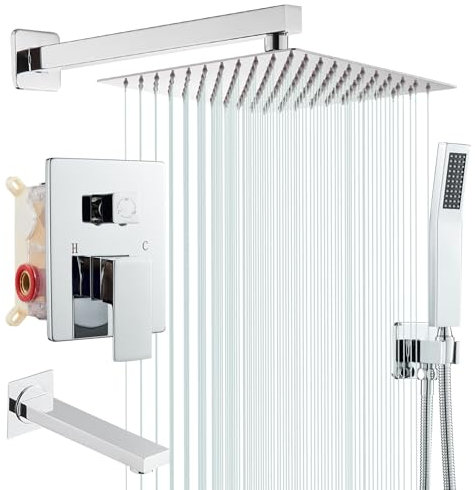 ROVOGO 30x30cm Chrom Unterputz Duscharmatur Set Duschkopf Eckig, Duscharmaturen Komplettset mit Wanneneinlauf und Handbrause aus Edelstahl 304, Ganzmetall Duschsystem Duschset Regendusche mit Armatur
