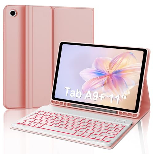 Custodia con Tastiera Retroilluminata Italiana per Samsung Tab A9+, Compatibile con Samsung Tab A9 Plus 11 2023 (SM-X210/X216/X218), Tastiera Bluetooth Portatile Magnetica Staccabile, Rose