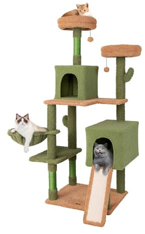 GYMAX 160cm Kaktus Kratzbaum, mehrstöckiger Katzenkratzbaum mit Aussichtsplattformen, Katzenhöhlen & Sisalpfosten, Kletterbaum mit Hängematte & hängenden Bällen, Katzenturm für große Katze, Grün