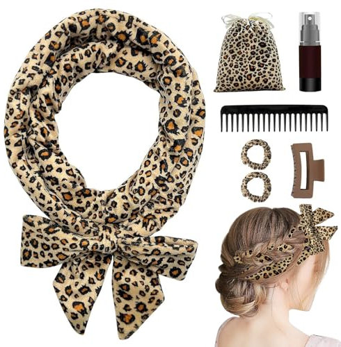 Lockenwickler Ohne Hitze, Heatless Curls Band Set Rutschfest Lockenwickler, über Nacht DIY Hair Curler mit Haarnadel Locken für Langes Mittleres Haar (Leopardenmuster)