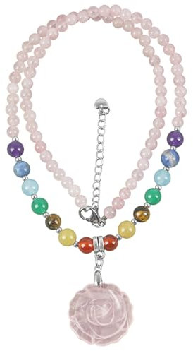 Lovionus89 Handarbeit Rose Blume Anhänger Charm, Kristall Stein Perlen Halskette für Frauen Mon mit verstellbarer Kette, Rosenquarz