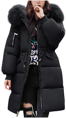 HOOUDO Women's Down Jacket Winter Mid lenght Puffer Coats Ladies Lightweight Waterproof Jackets with Faux Fur Hood Plus Size Slim Trench Coat Long Sleeve Warm Outwear Outdoor Hiking Parka