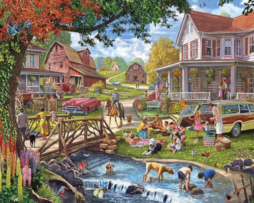 White Mountain Family Picnic Farm Puzzles for Adults 1000 Pieces Fun Nostalgic Country Fall Jigsaw Puzzle