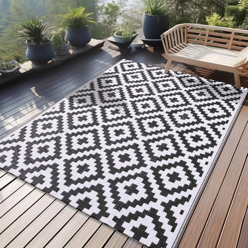 Homaxy Outdoor Teppich Wetterfest, Kunststoff Stroh UV-beständig Wendbar Faltbar Waschbar Balkon Garten Teppich für Terrasse Camping Picknick (120 x 180 cm, Schwarz & Weiß)