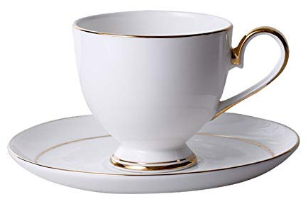 Tazas de porcelana blanca para café expreso con platillos y cucharas, 5,1 onzas/150 ml, con borde dorado, juego de tazas para café expreso para bebidas especiales de café, café con leche, café moca y