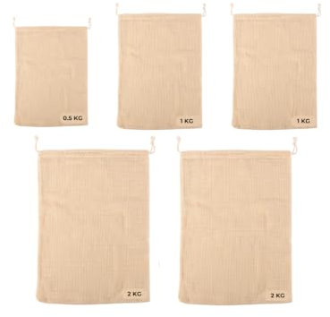 Brush & Style Pack de 5 Bolsas de Malla para Cocción - Redes de Algodón Orgánico para Cocinar Legumbres, Verduras y Garbanzos en Olla a Presión - 2 de 1kg, 2 de 2kg, y 1 de 0.5kg