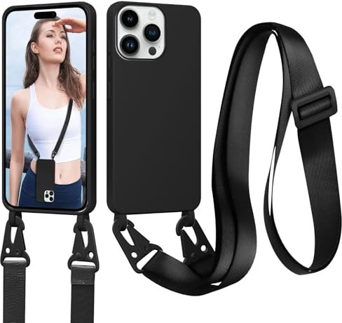 Woijrly Coque pour iPhone 16 Pro avec Cordon, Collier pour Étui en Silicone Liquide avec Portable Sangle Réglable Bandouilière Lanyard Colliers Lanière, Housse TPU Anti-Choc Case, Noir