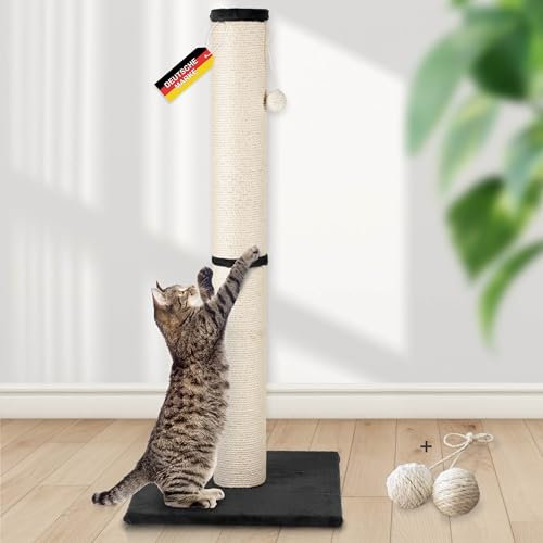 Rohrschneider Kratzsäule XL | Made in EU | Kratzbaum mit Spielkugel als Katzenspielzeug zur Selbstbeschäftigung | Bodenplatte mit Plüschüberzug | Sisalstärke: 6 mm | 2 Größen (Gr. 2 Höhe 107 cm)