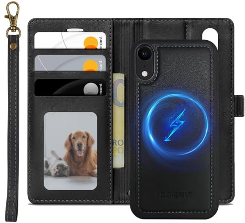 XTCASE Leder Hülle für iPhone XR Magnetisch, 2 in 1 Abnehmbare Handyhülle Flip Wallet Case [ Kabelloses Laden] [Kartenfach] [Ständer] Klappbare Klapphülle Schutzhülle, Schwarz