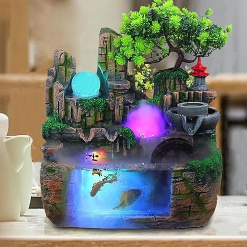 MEHOOSPVN Zimmerbrunnen mit LED Beleuchtung, Grüne Pflanze Brunnen Springbrunnen Gartenbrunnen Deko Tischbrunnen Wasserfall Steingarten Wasserbrunnen Desktop Chinesische Fengshui Lampe, 30x20x30cm