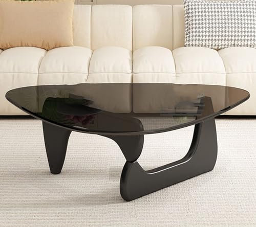 Baodiale Moderner dreieckiger Couchtisch mit Platte aus gehärtetem Glas und Holzbeinen für das Wohnzimmer, Schwarze Beine, 83 x 57 x 40 cm