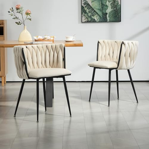 LIFEISLE Samt Stuhl, Esszimmerstuhl 2er Set mit Schwarzen Metallbeinen, Schalenstuhl mit handgewebten Armlehne für Esszimmer, Wohnzimmer und Schlafzimmer Beige
