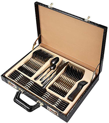 WDSOPK Besteckset, 5/20/30/40/50/60-Teilig, Besteckset Aus Edelstahl 304, Messer, Gabel, Löffel, Kaffeelöffel, Hotel, Silber, 40-Teilig Für 8(Black-48Pcs)