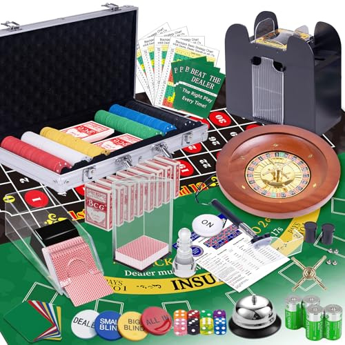 5 in 1 Super Casino Game Set: Blackjack/Texas Hold'em/Roulette/Craps/Poker Kit, 10 Wooden Roulette Wheel, Carrying Case with 360 Plastic Chips, 6 Deck Shuffler, 2 Double-Sided Rubber Mat And More