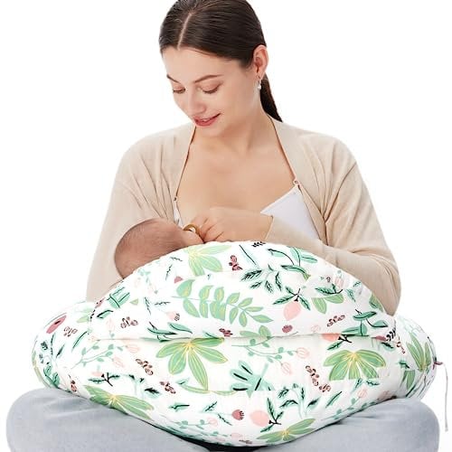 momcozy Stillkissen Groß mit Sicherheitsumrandung – Ergonomisches Still- und Lagerungskissen mit verstellbarem Gurt & abnehmbarem Baumwollbezug,Plante und Wald