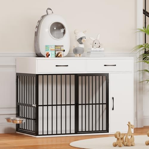 Hello-5ive Dog Crate Furniture,Large Wooden Dog Crate with Drawers, Side Cabinet & 360°Rotating Bowls,Indoor Heavy Duty Dog Kennel with Double Doors,End Table Style, 120x60x86cm - White