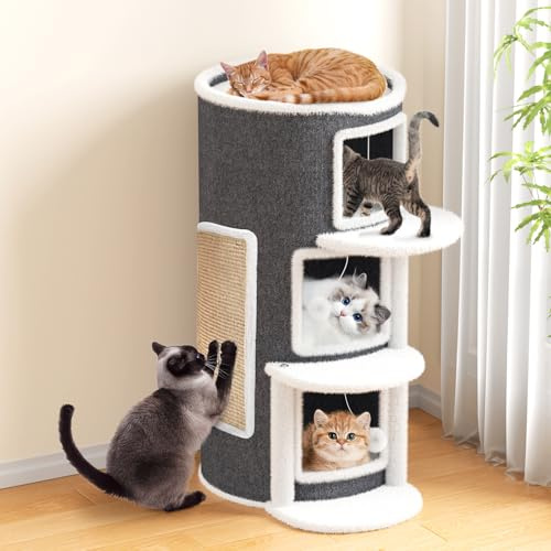 Grotte pour chat à 3 étages - Grande maison avec griffoir pour chats d'intérieur - Petit arbre à chat avec plate-forme - Lit pour chat - Grotte - Tonneau pour chat - Meuble pour chat avec balle de jeu