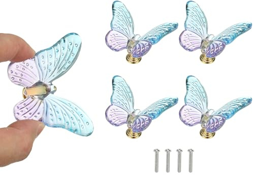sourcing map 4 Pcs Crystal Knob, 1.5 x 1.5 Butterfly Dresser Knob Cupboard Furniture Door Decoration Purple
