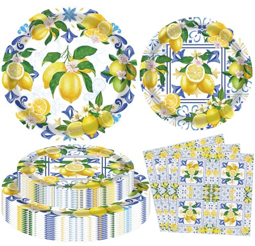 LWYGEGJO Paquete de 60 Decoraciones de Fiesta de Limón Capri con Temática de Limonada Azul, Suministros de Fiesta de Cumpleaños, Vajilla con Temática de Limones Amarillos, 20 Platos y 20 Servilletas